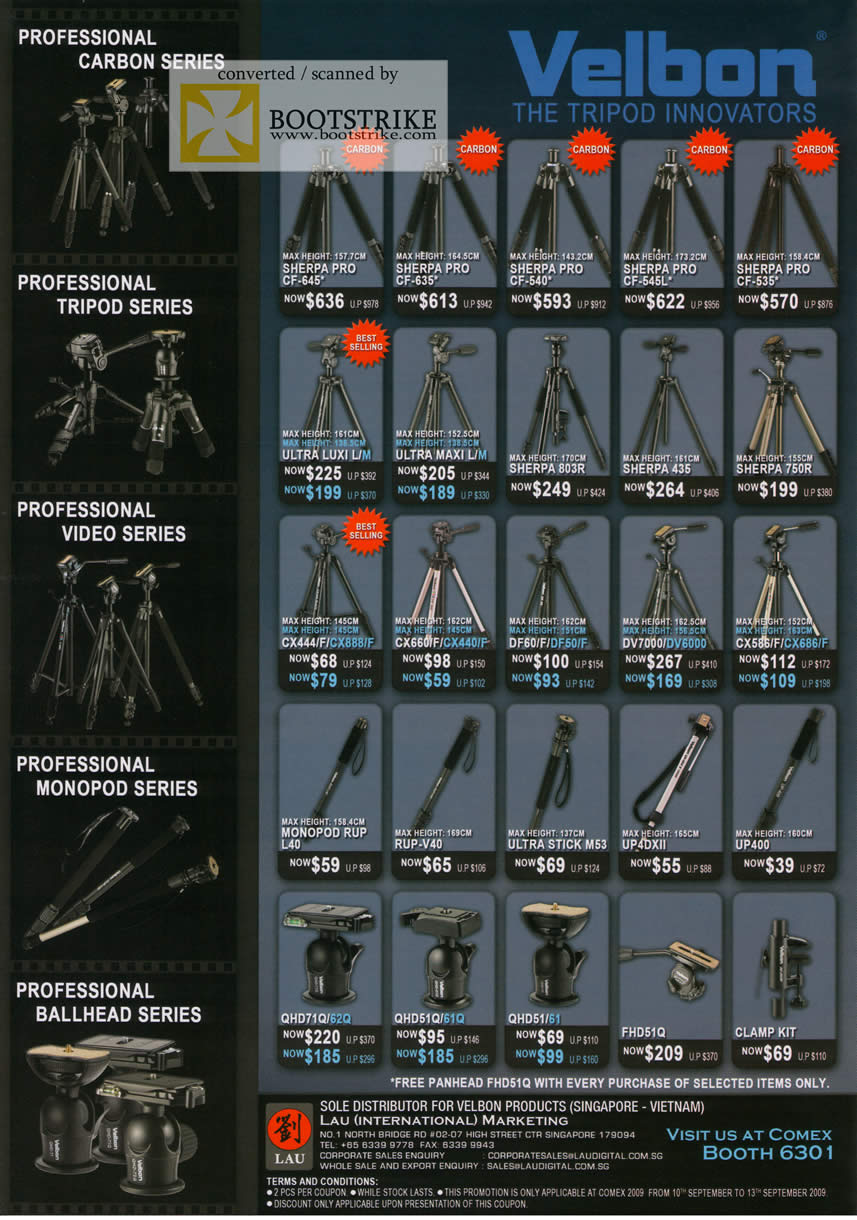 Comex 2009 price list image brochure of Velbon Carbon Tripod Video Monopod Ballhead