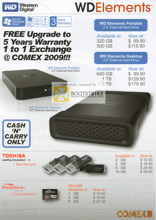 Comex 2009 price list image brochure of Western Digital Elements Portable Desktop Toshiba PenDrive