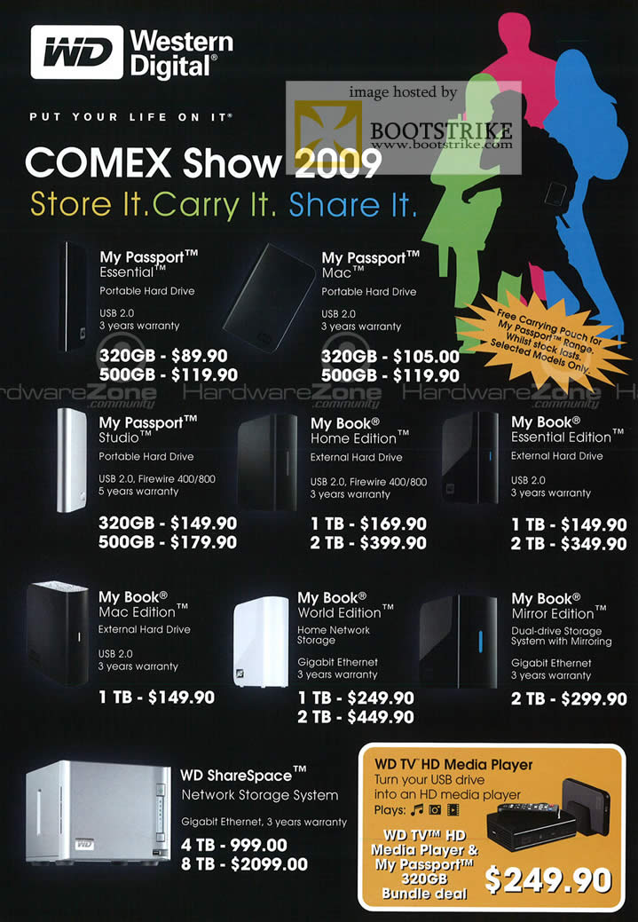 Comex 2009 price list image brochure of Western Digital WD Passport Book ShareSpace TV HD Media Player