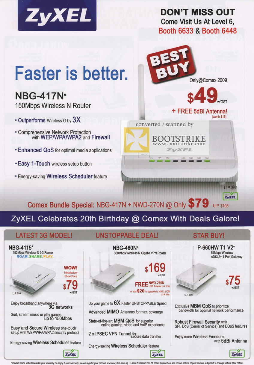 Comex 2009 price list image brochure of ZyXEL NBG-417N Wireless N Router 4115 450N P-660HW ADSL2 3G Gigabit VPN