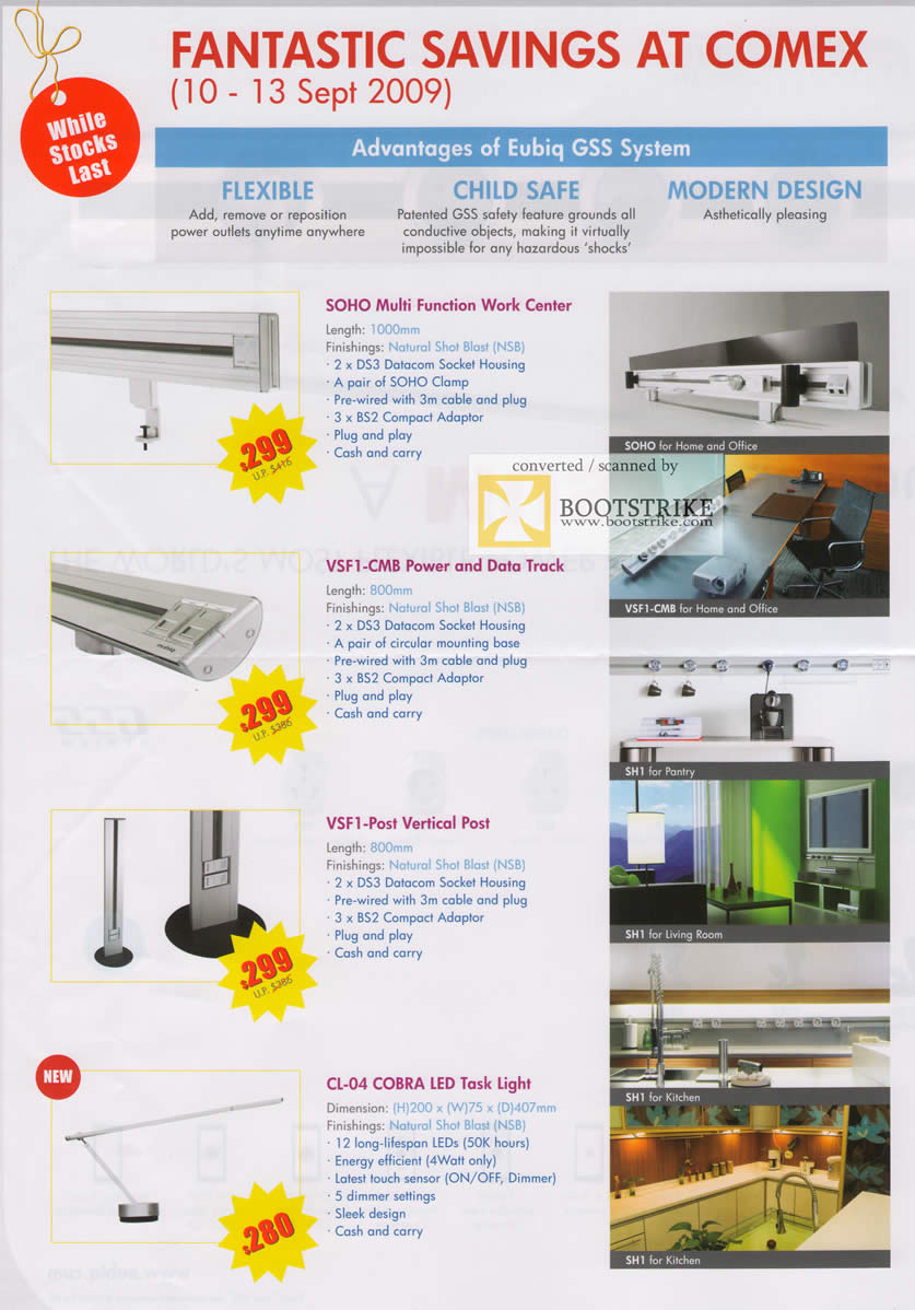 Comex 2009 price list image brochure of Eubiq Power Outlet System Work Center Vertical Post LED Task Light B2022