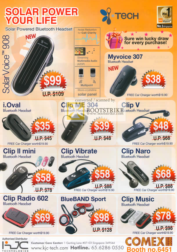 Comex 2009 price list image brochure of ITech Bluetooth Headset Solar Voice 908 Clip