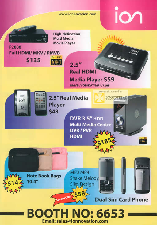 Comex 2009 price list image brochure of Ion Movie Player P2000 Real Media DVR PVR Bags