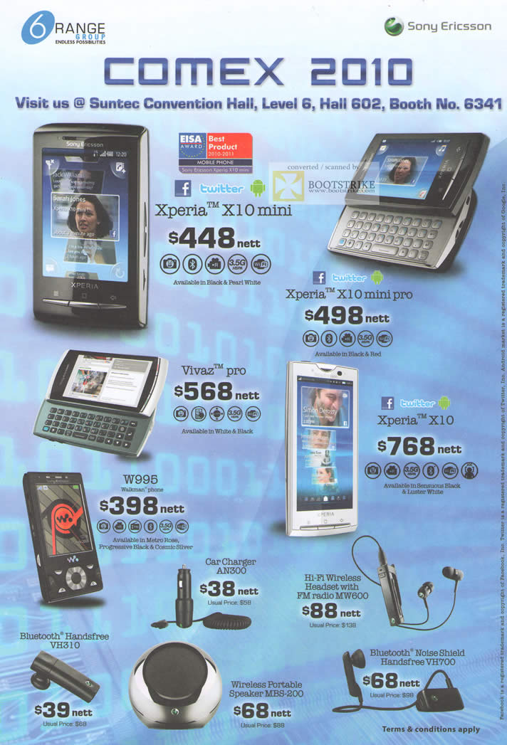 Comex 2010 price list image brochure of 6Range Sony Ericsson Xperia X10 Mini Pro Vivaz Pro W995 Car Charger Wireless Headset Bluetooth Speaker Noise Shield