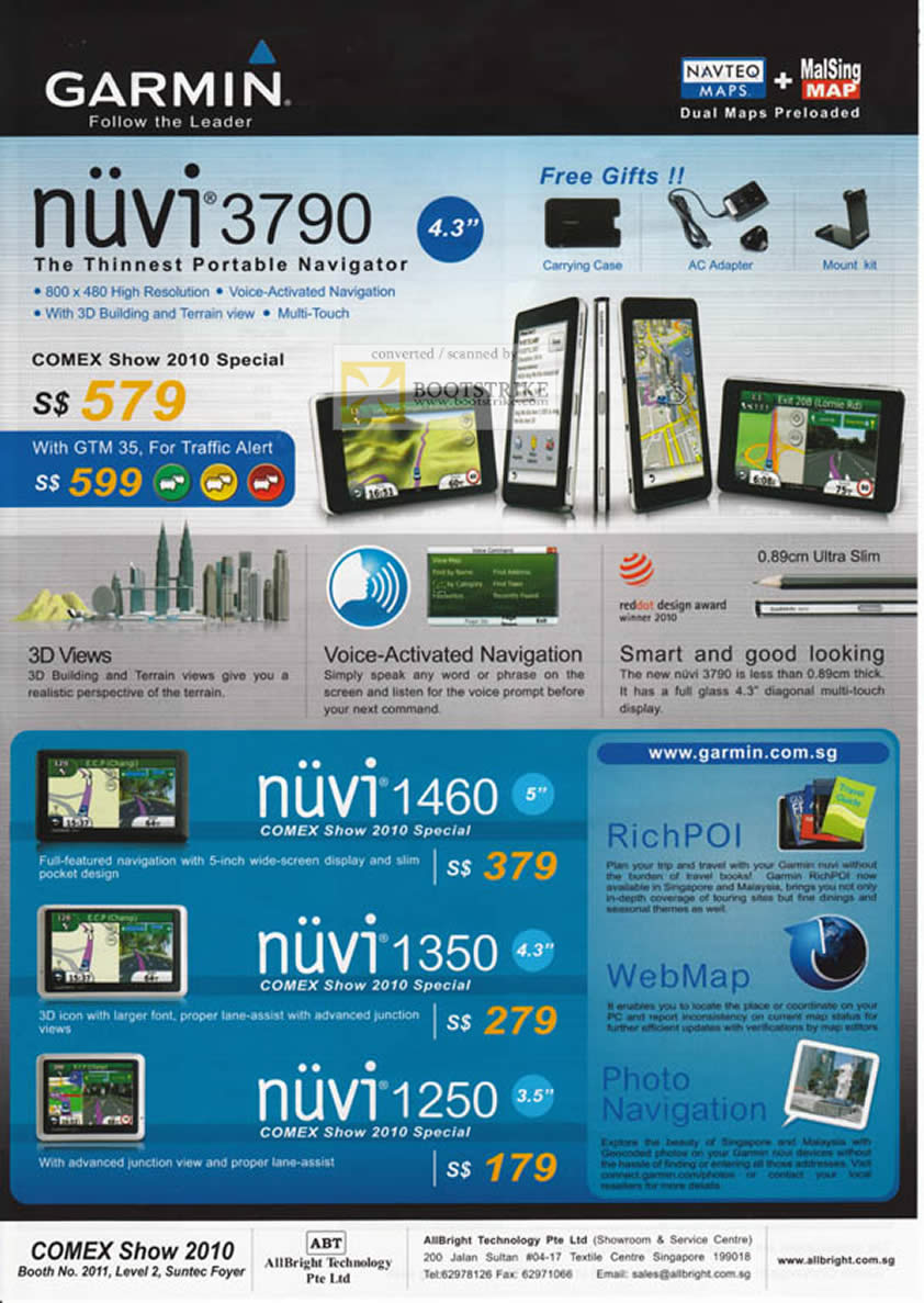 Comex 2010 price list image brochure of AllBright Tech Garmin GPS Nuvi 3790 1460 1350 1250 Rich POI WebMap Junction View 3D