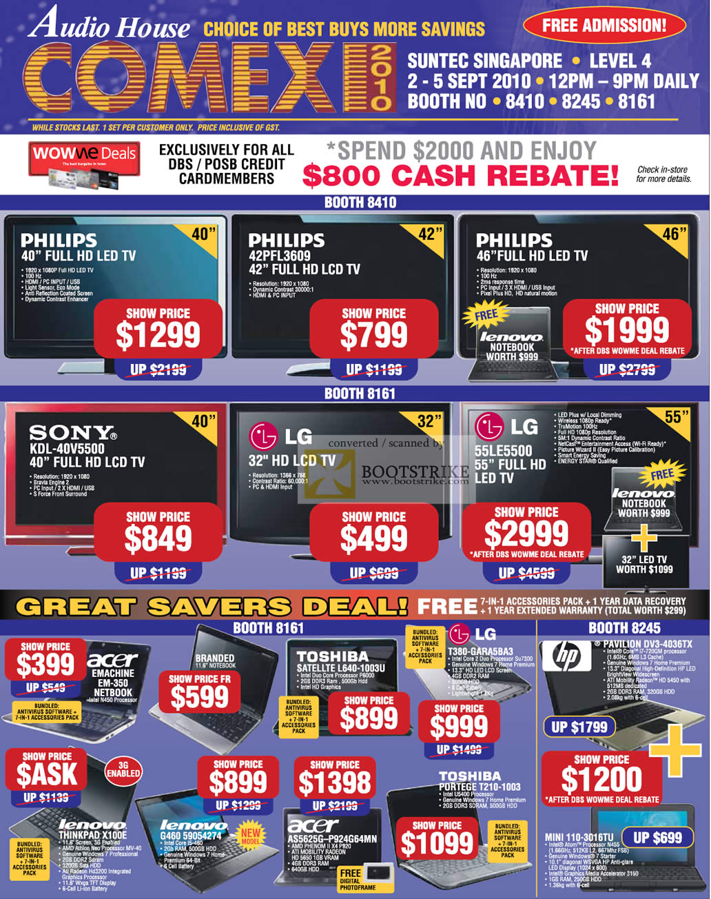 Comex 2010 price list image brochure of Audio House TV Philips LED TV LCD Sony KDL 40V5500 LG 55LE5500 Notebooks Acer Toshiba Lenovo HP Mini