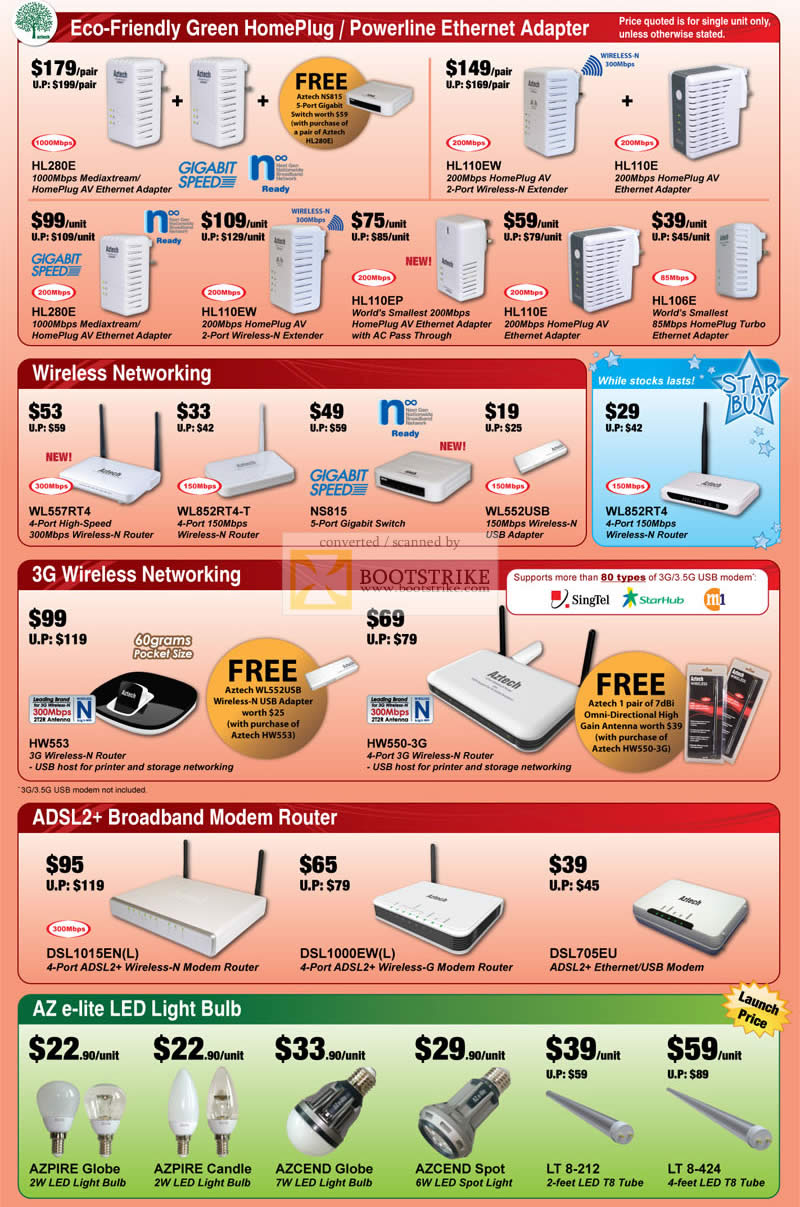 Comex 2010 price list image brochure of Aztech HomePlug HL280E HL110EW HL110E HL280E Wireless Networking Router N ADSL 3G Light Bulb