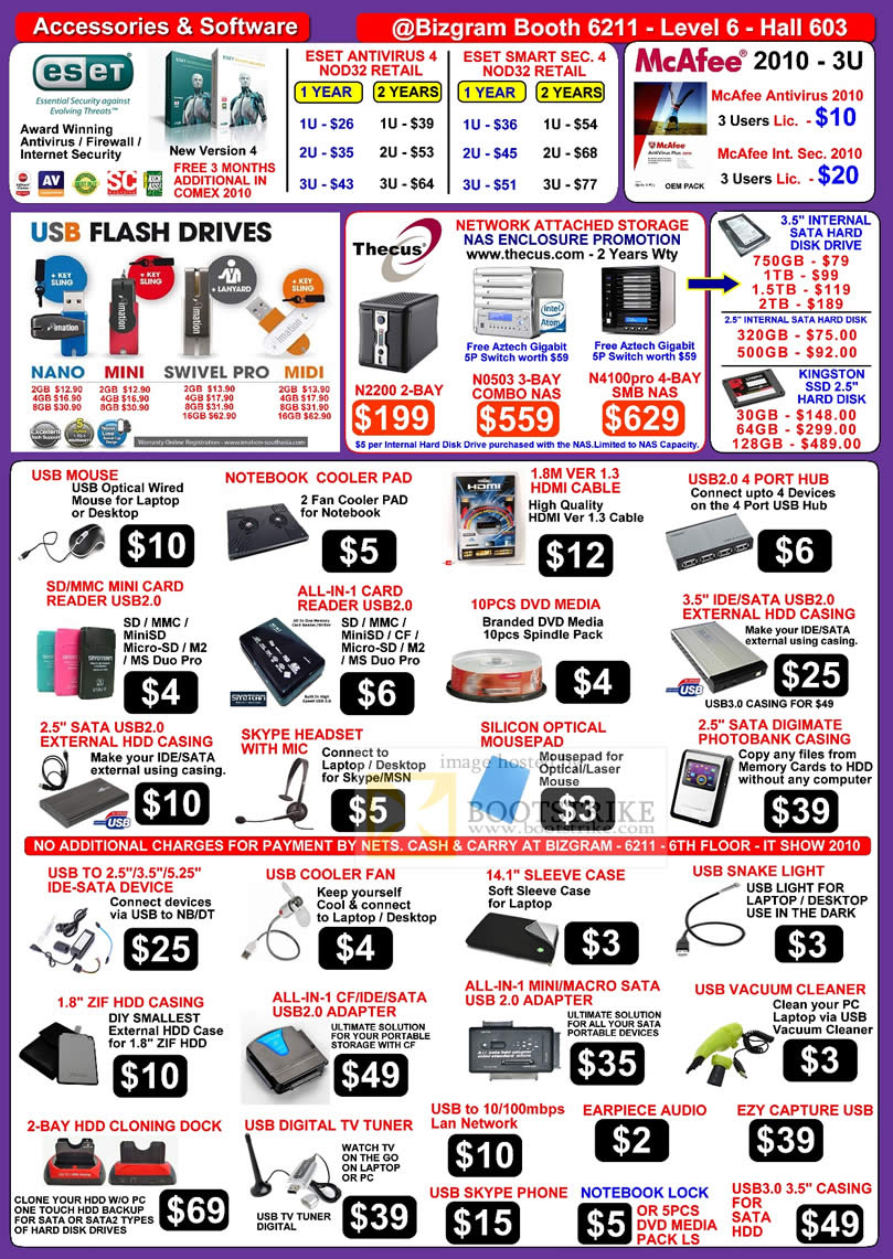 Comex 2010 price list image brochure of Bizgram Accessories Eset Antivirus USB Flash Thecus Internal HDD USB Mouse HDMI Casing Vacuum TV