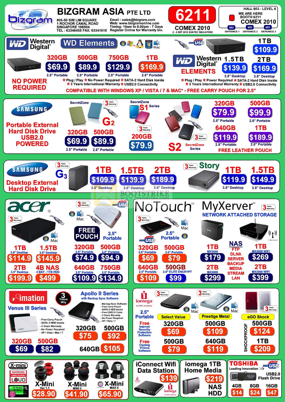 Comex 2010 price list image brochure of Bizgram Asia External Storage WD Elements Samsung Acer NoTouch MyXerver NAS Imation IConnect Iomega X Mini Apollo