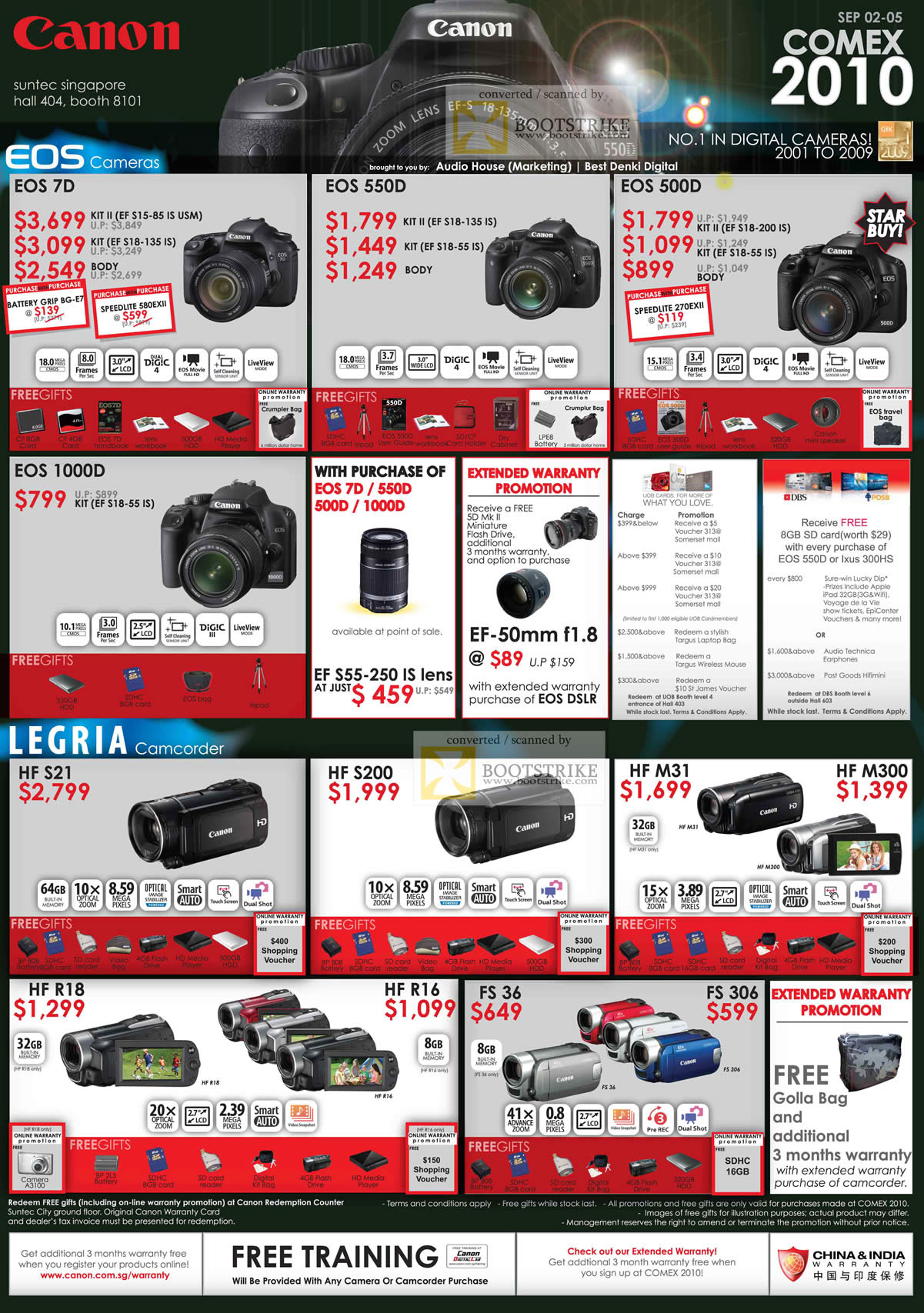 Comex 2010 price list image brochure of Canon DSLR Digital Cameras EOS 7D 550D 500D 1000D Legria Camcorder HF S21 M31 R18 FS 36