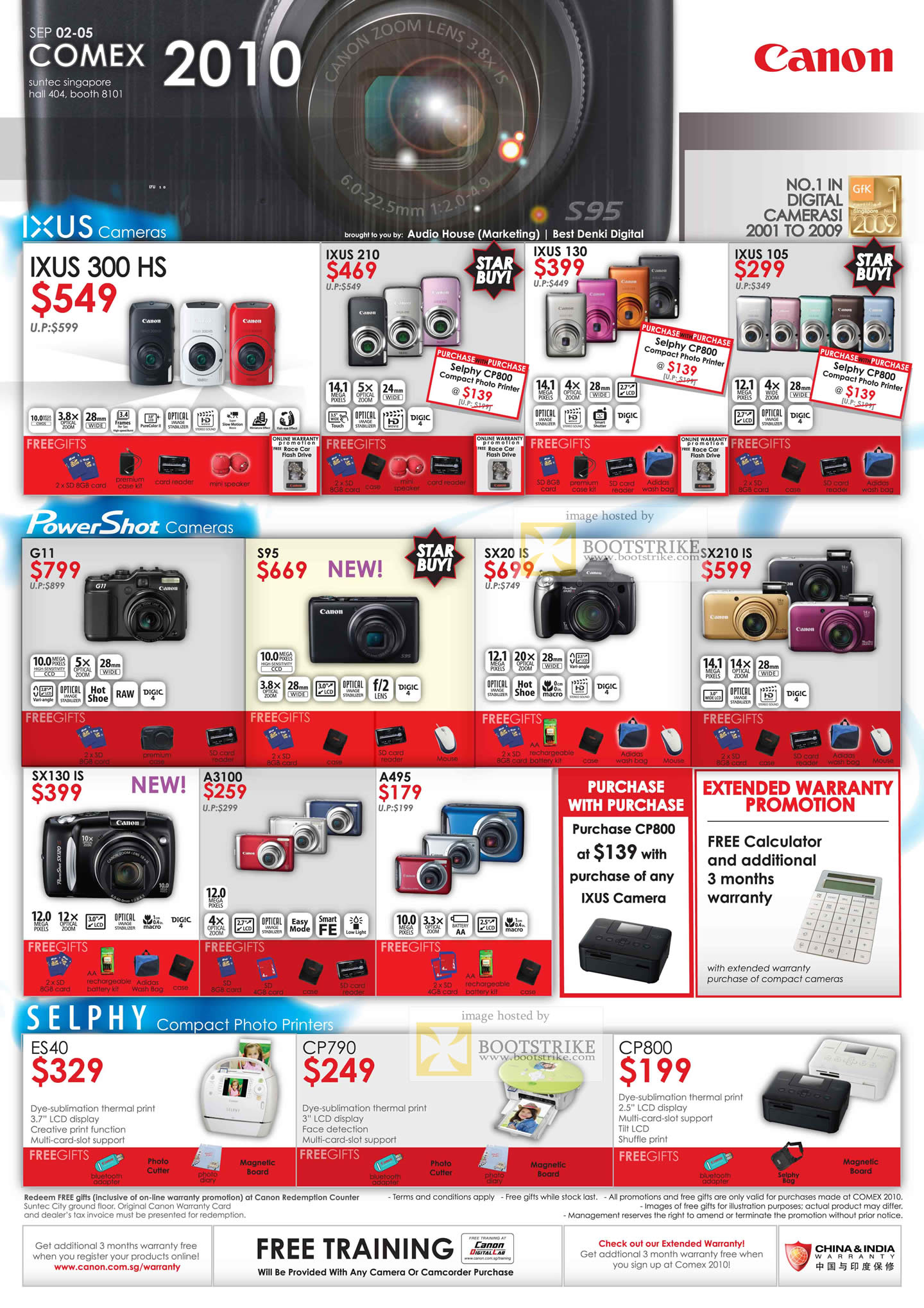 Comex 2010 price list image brochure of Canon Digital Cameras Ixus 300 HS 210 130 105 PowerShot G11 S95 A495 Selphy Photo Printers ES40 CP790