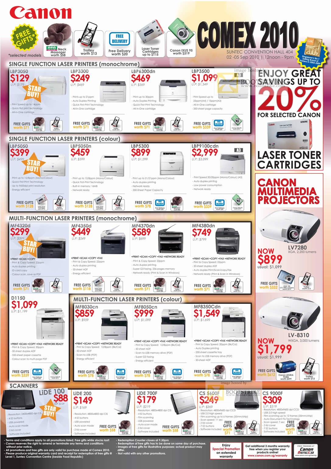 Comex 2010 price list image brochure of Canon Laser Printers Single Multi Function LBP3050 LBP5050 LBP9100cdn MF4380dn Projectors LV 8310 Colour Scanners Lide CS 9000F