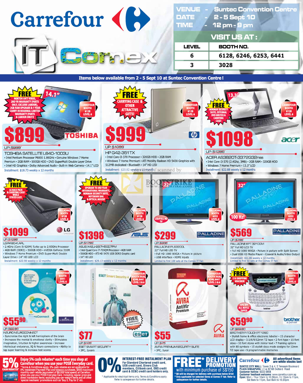 Comex 2010 price list image brochure of Carrefour Notebooks Toshiba L640 HP G42 Acer AS382OT LG ASUS Palladine LED TV LCD Antivirus Security