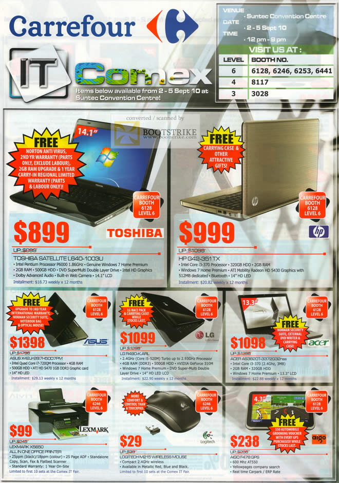 Comex 2010 price list image brochure of Carrefour Notebooks Toshiba Satellite L840 HP G42 ASUS X42 LG R490 Acer AS3820T Lexmark Printers Logitech Aigo GPS