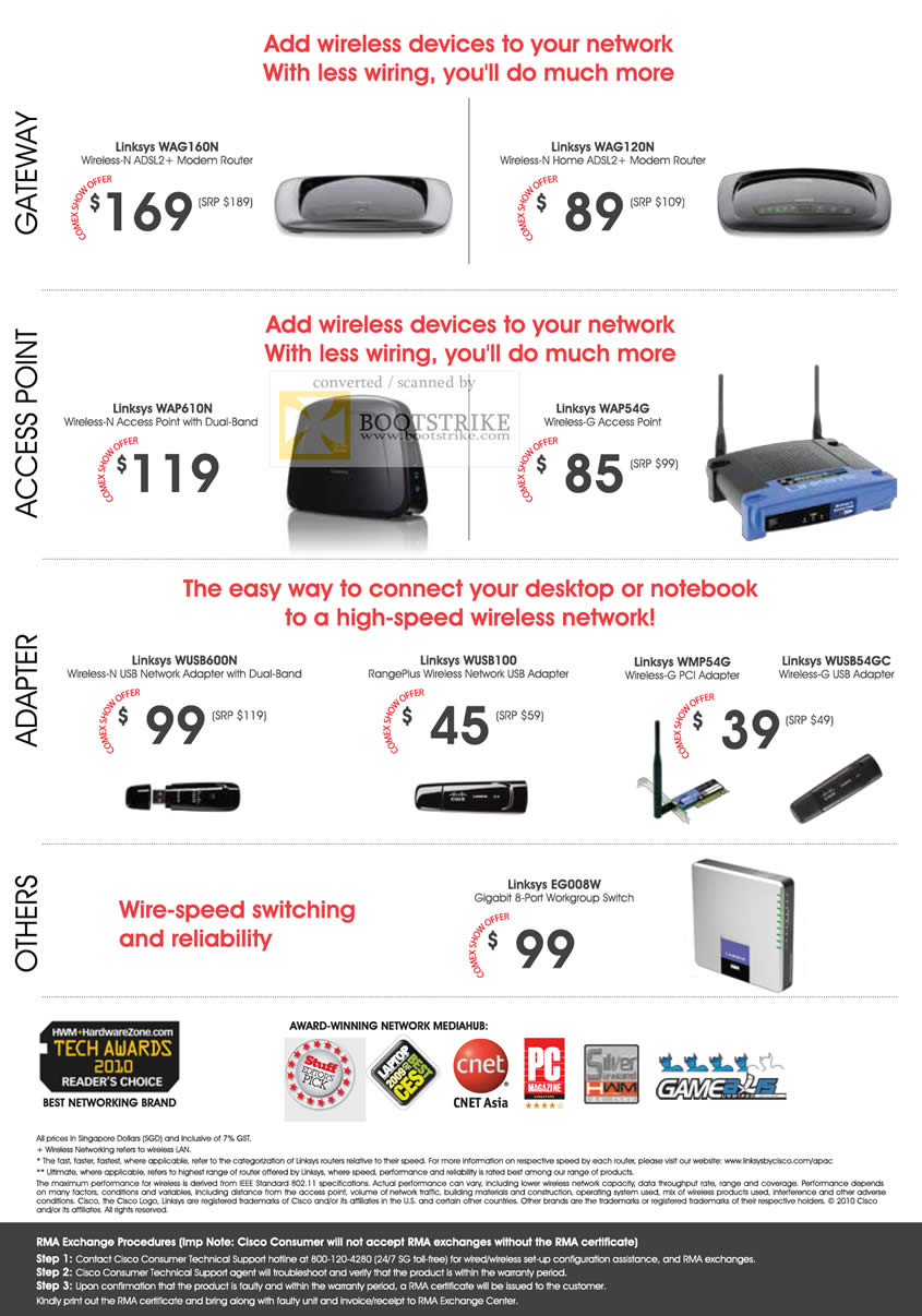 Comex 2010 price list image brochure of Cisco Linksys Gateway WAG160N Access Point WAP610N WAP54G USB Adapter WUSB100 WM54G PCI Gigabit Switch