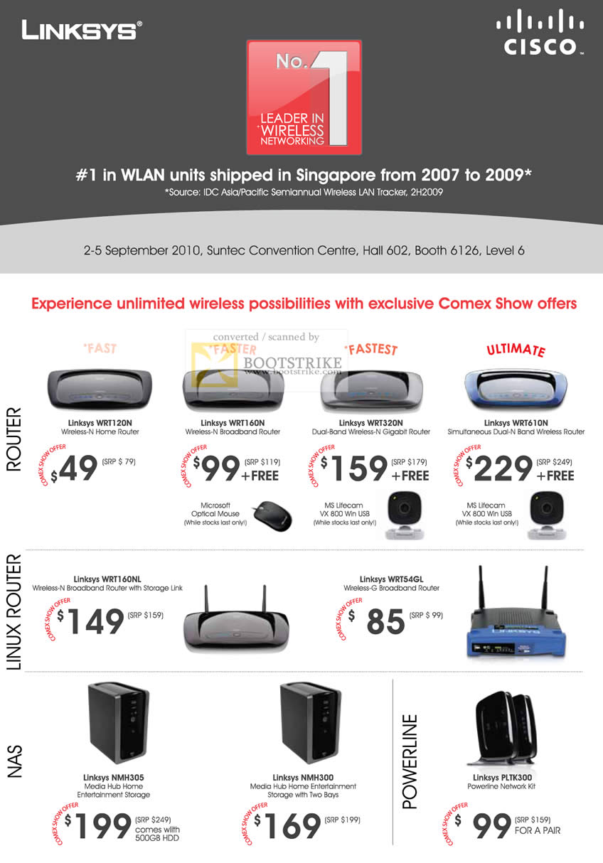 Comex 2010 price list image brochure of Cisco Linksys Router Linux NAS Powerline HomePlug WRT54GL NMH305 WRT120N WRT610N NM300