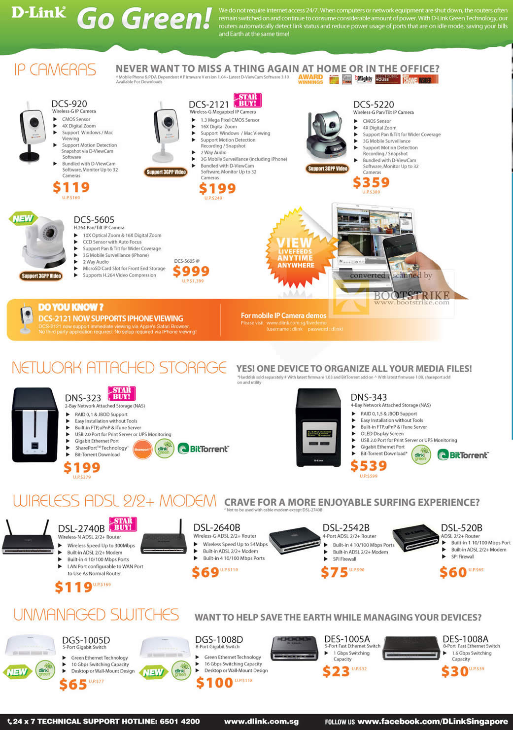 Comex 2010 price list image brochure of D Link IPCam DCS 920 2121 5220 5605 NAS DNS 323 343 Wireless ADSL Modem DSL 2740B 2640B 2542B 520B Switches