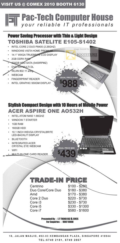 Comex 2010 price list image brochure of ECom Notebooks Toshiba Satellite E105 Acer Aspire One AO532H Trade In