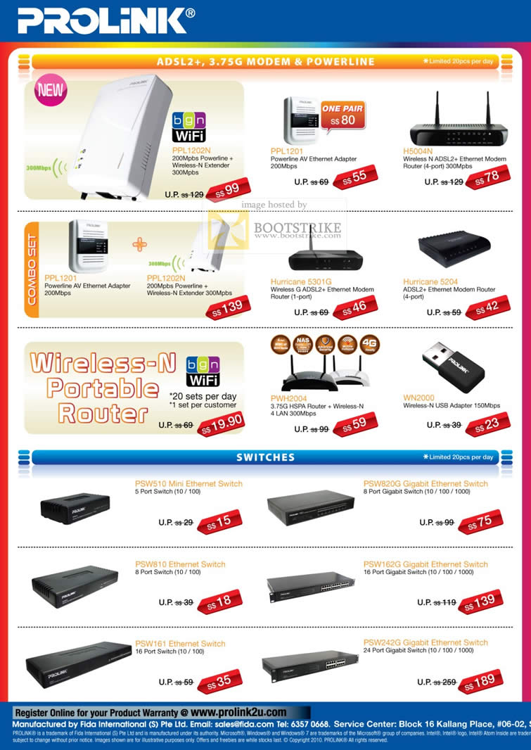 Comex 2010 price list image brochure of Fida Intl Prolink Powerline HomePlug Wireless Extender Router Hurricane Adapter Switches Mini Ethernet Gigabit