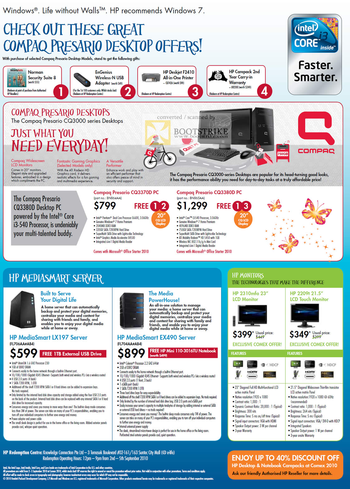 Comex 2010 price list image brochure of HP Compaq Presario Desktop CQ3370D CQ3380D MediaSmart Server LX197 EX490 LCD Monitors 2310mfa 2209t