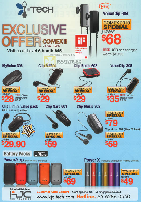 Comex 2010 price list image brochure of KJC ITech VoiceClip MyVoice Clip ME304 Radio 602 308 Clip II Mini Naro 601 802 Battery Packs PowerApp X