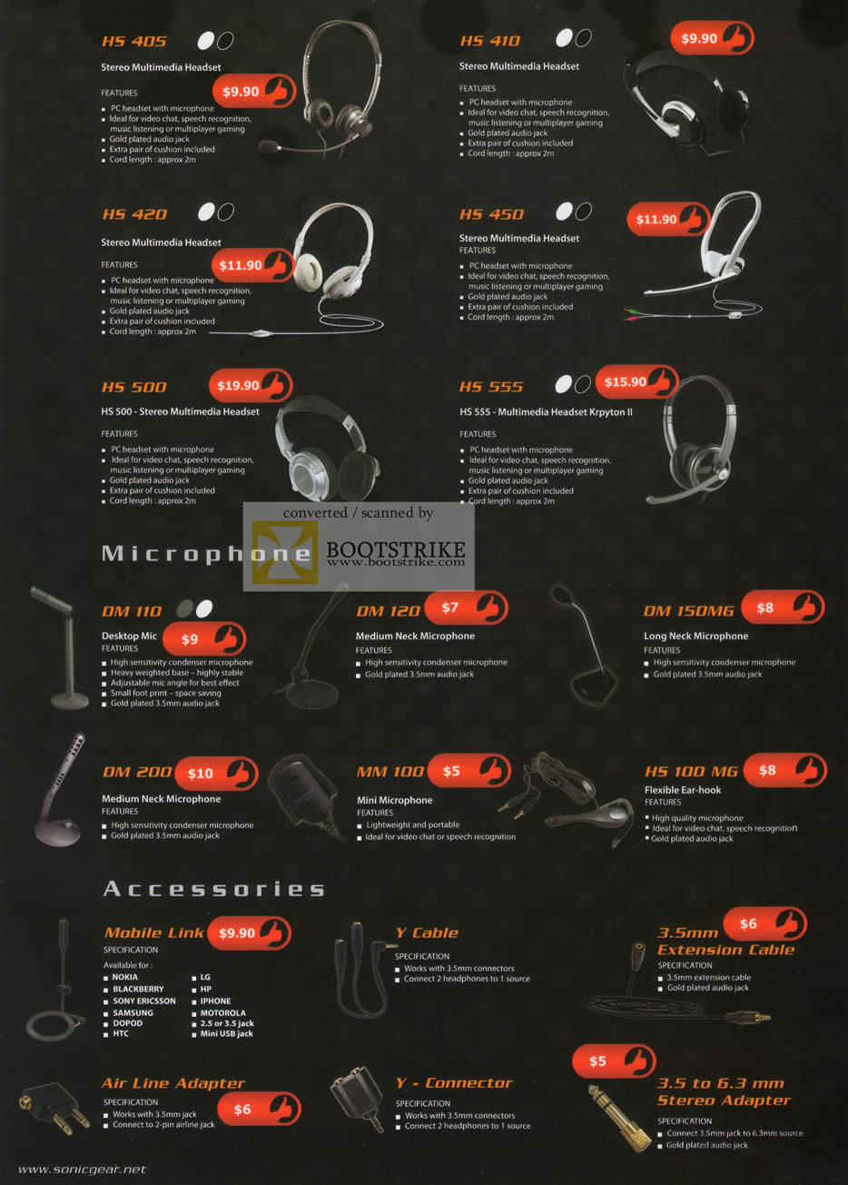 Comex 2010 price list image brochure of Leap Frog Sonic Gear Headset HS405 410 420 450 450 500 555 Microphone DM MM HS Y Cable Connector Extension