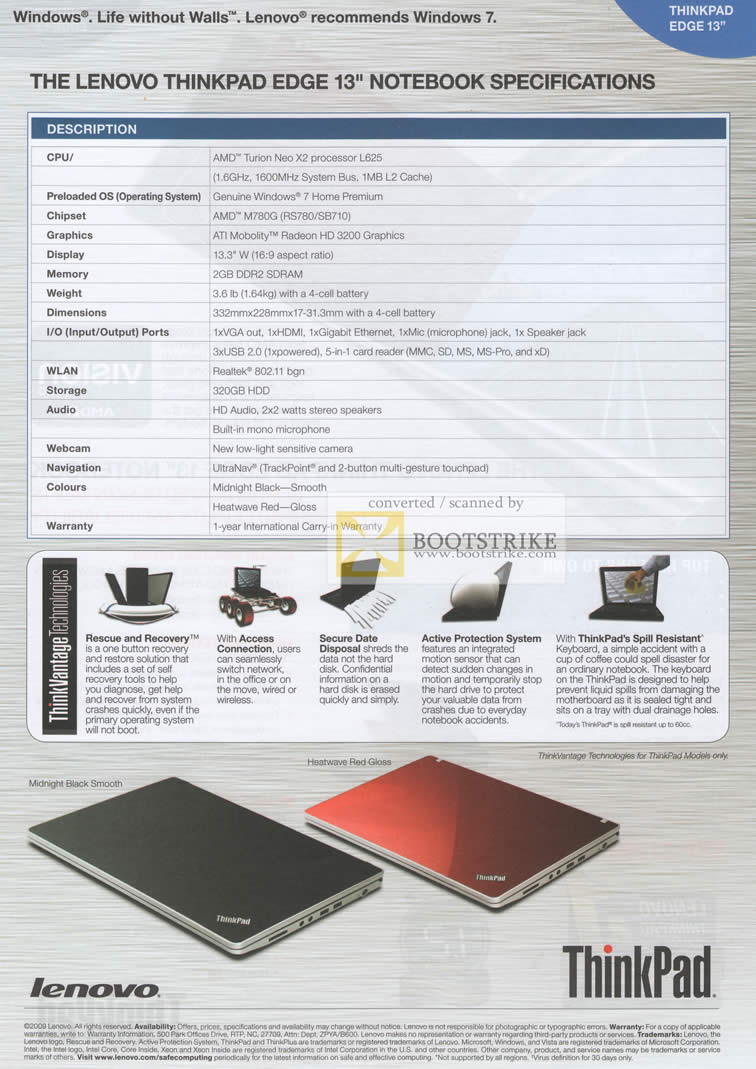 Comex 2010 price list image brochure of Lenovo Thinkpad Edge 13 Specifications Rescue Recovery Access Connection Active Protection System