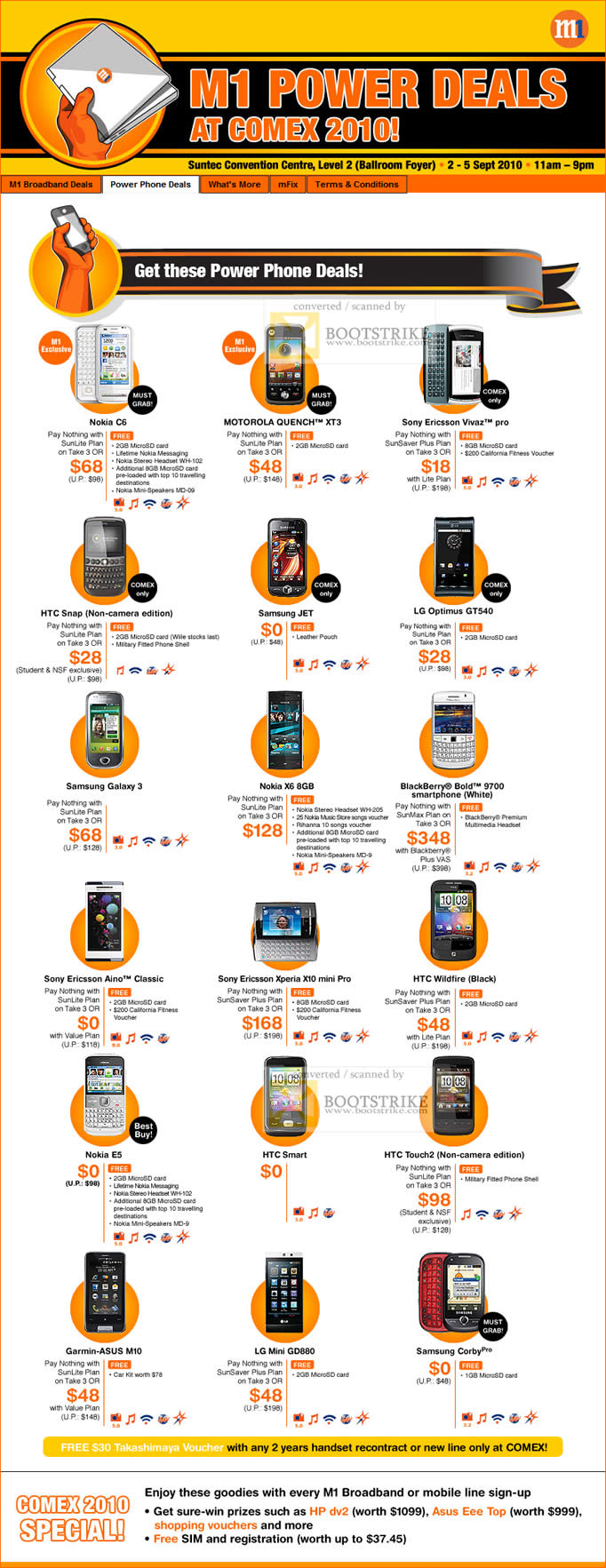 Comex 2010 price list image brochure of M1 Mobile Power Phone Nokia Motorola Quench XT3 Sony Ericsson HTC Samsung LG Blackberry Bold Garmin ASUS