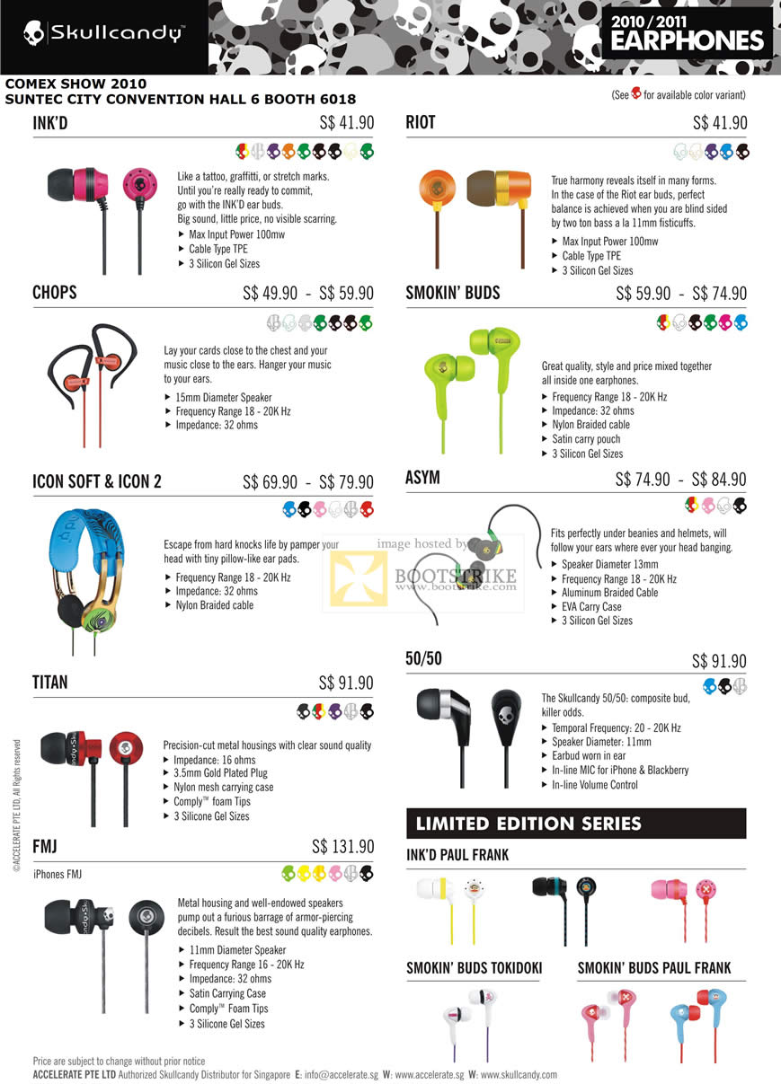 Comex 2010 price list image brochure of Mccoy Skullcandy Earphones Ink Riot Chops Smokin Buds Icon Soft Asym Titan FMJ Tokidoki Paul Frank