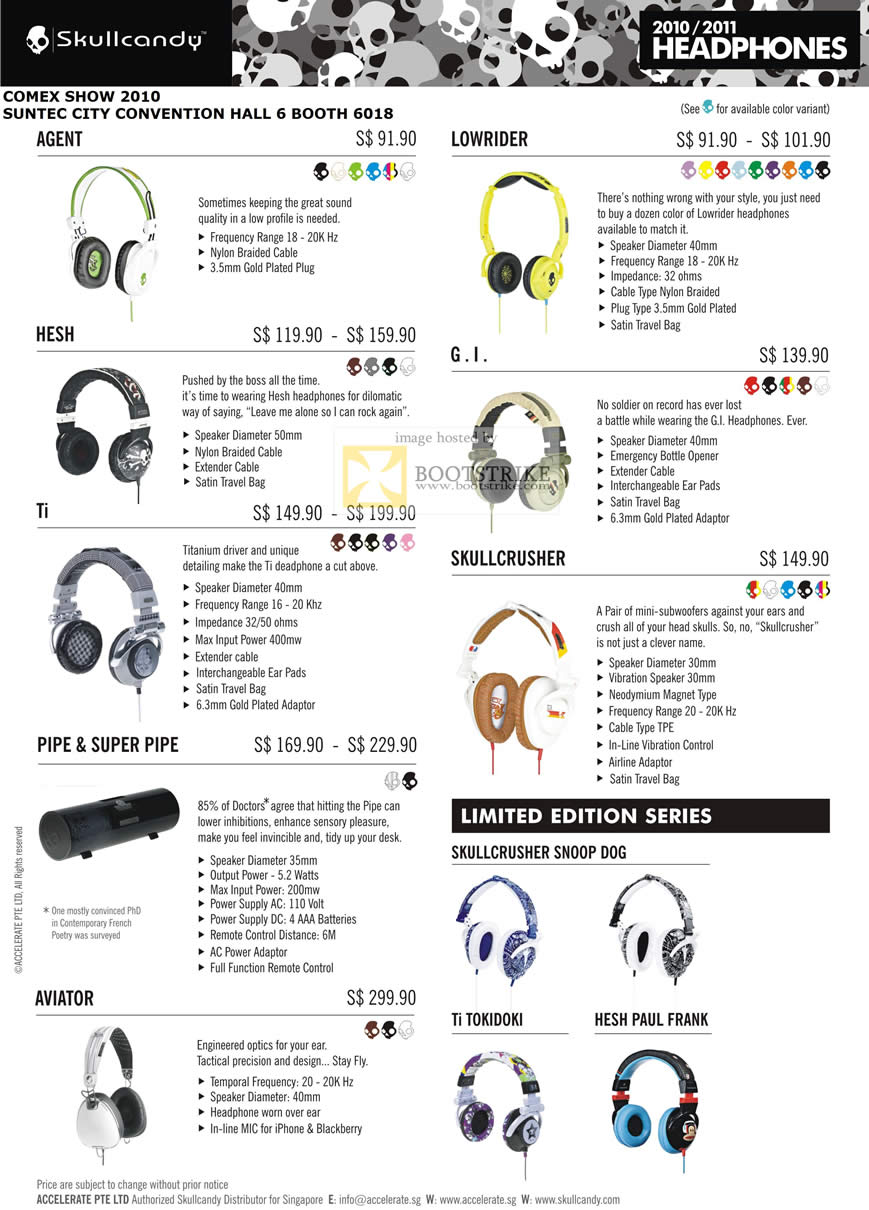 Comex 2010 price list image brochure of Mccoy Skullkandy Headphones Agent Lowrider Hesh Skullcrusher Pipe Super Snoop Dog Aviator Tokidoki Paul Frank