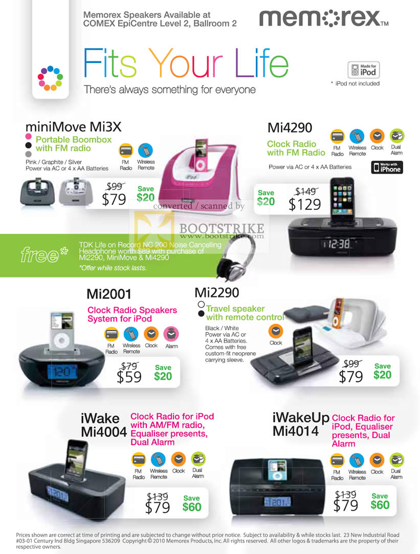 Comex 2010 price list image brochure of Memorex MiniMove Mi4290 Portable Boombox Radio FM Speakers Clock IWake IWakeUp IPod