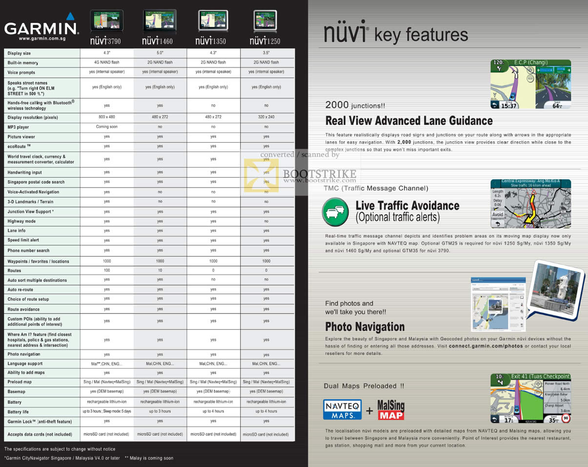 Comex 2010 price list image brochure of NaviCom Garmin GPS Nuvi 3790 1460 1350 1250 Comparison Key Features TMC Lane Guidance