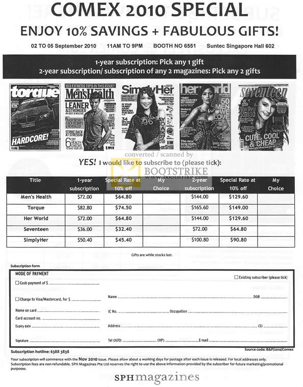 Comex 2010 price list image brochure of SPH Magazine Subscriptions Mens Health Torque Her World Seventeen SimplyHer