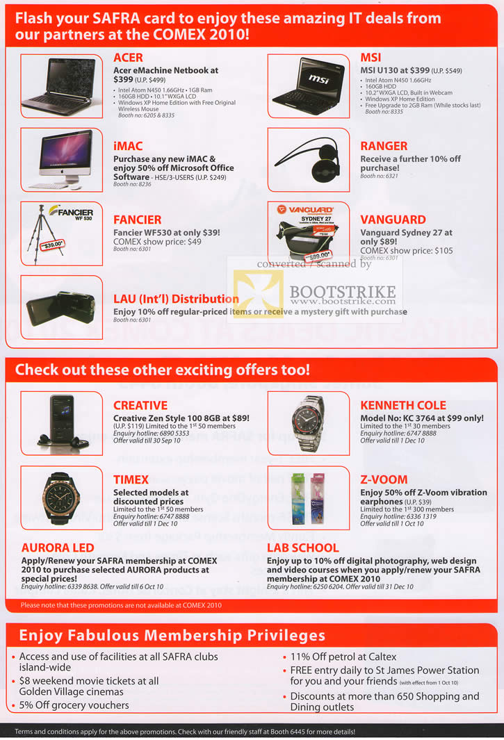 Comex 2010 price list image brochure of Safra Card Deals Acer MSI Apple Ranger Fancier Vanguard Lau Intl Creative Kenneth Cole Timex Z Voom Aurora LED