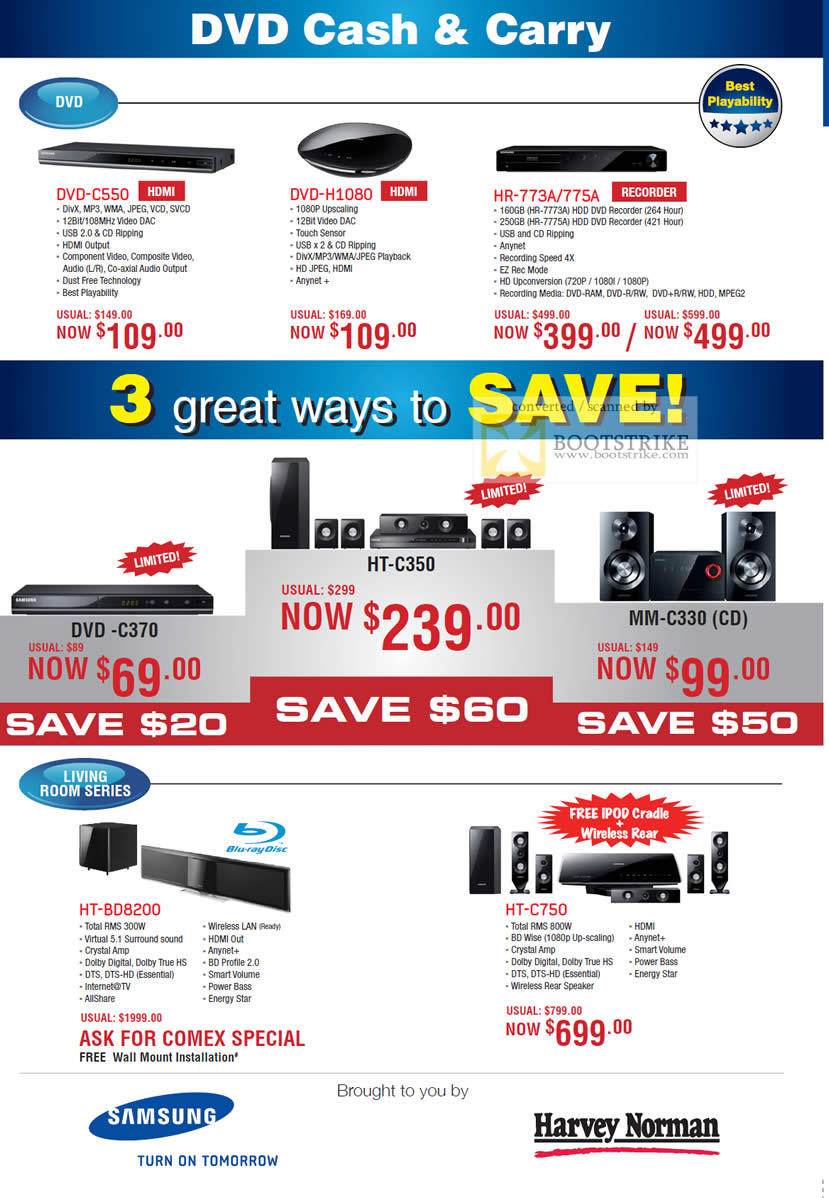 Comex 2010 price list image brochure of Samsung DVD Players C550 H1080 HR 773A 775A Home Theatre HT C350 MM C330 BD8200 C750