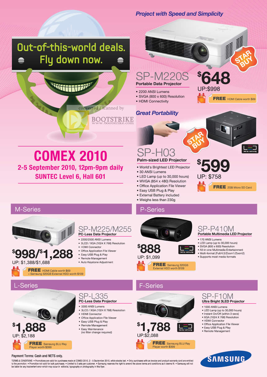 Comex 2010 price list image brochure of Samsung Projectors SP M220S H03 Data LED Portable M225 M255 P410M L335 F10M Multimedia