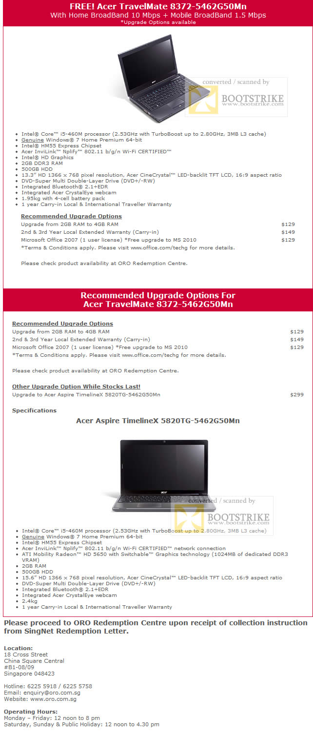 Comex 2010 price list image brochure of Singtel Acer TravelMate 8372 5462G50Mn Specifications Upgrade Options Redemption