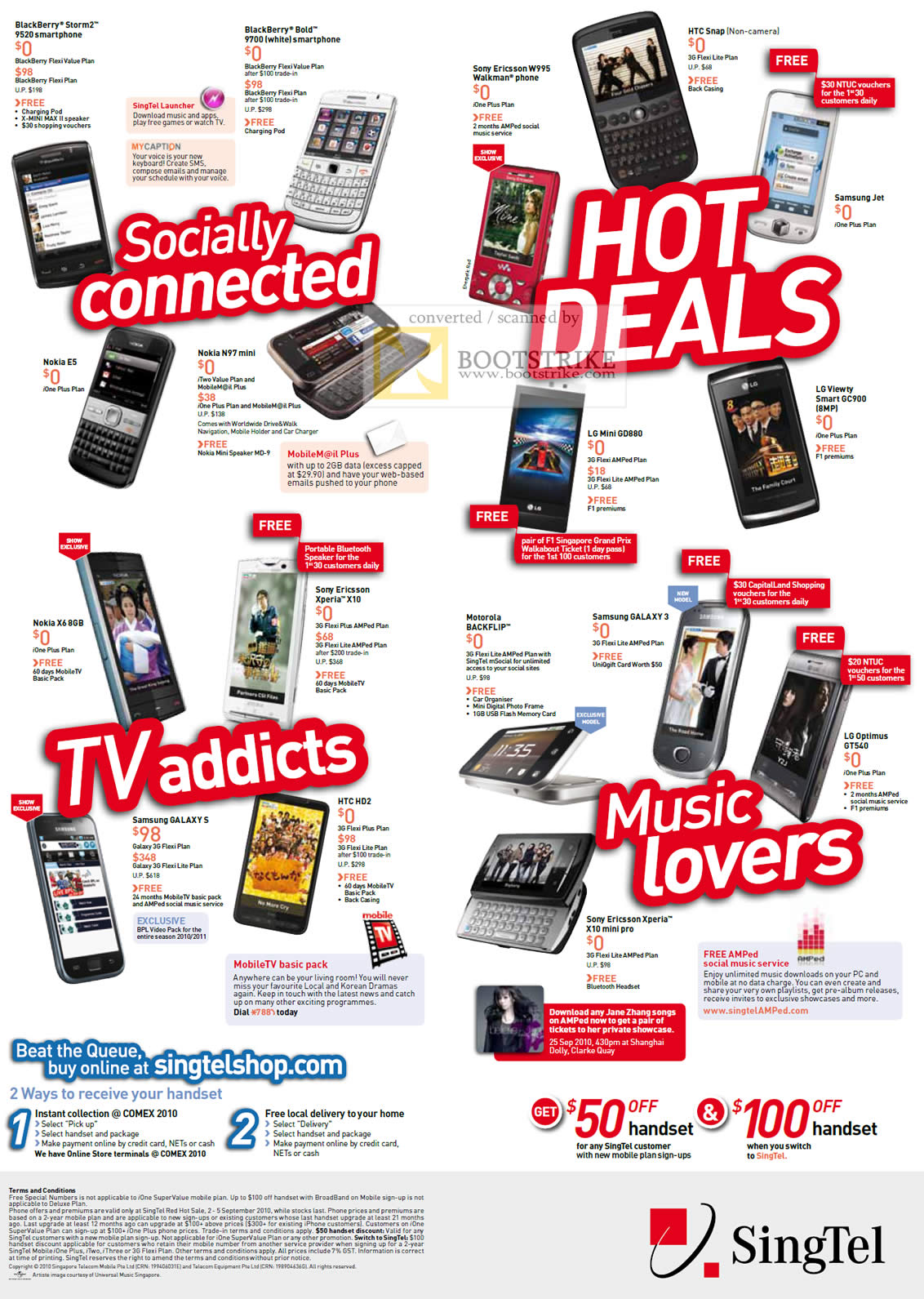 Comex 2010 price list image brochure of Singtel Mobile Phones BlackBerry Storm2 Sony Ericsson HTC Samsung LG Nokia N97 Xperia