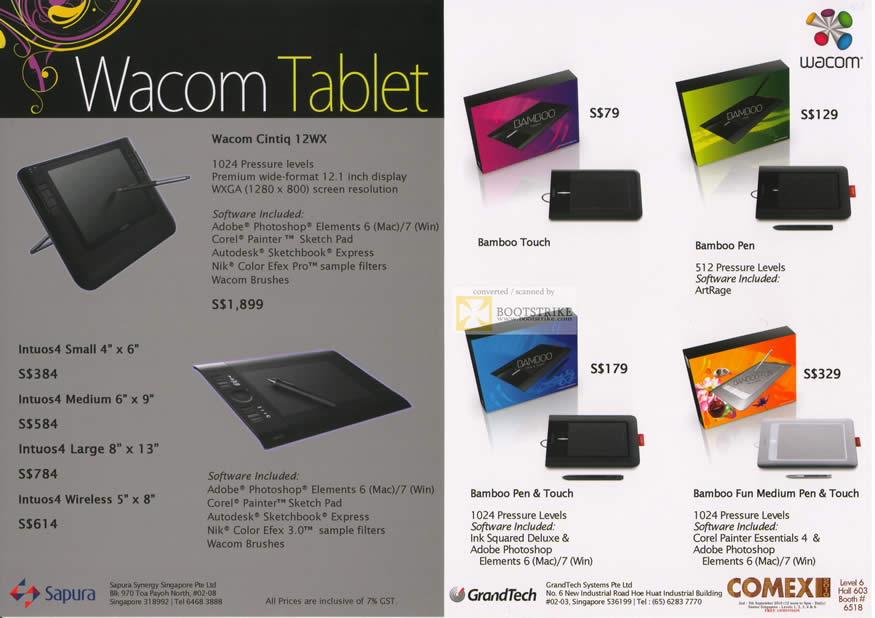 Comex 2010 price list image brochure of Wacom Tablets Cintiq 12WX Intuos4 Wireless Bamboo Touch Pen Fun Medium