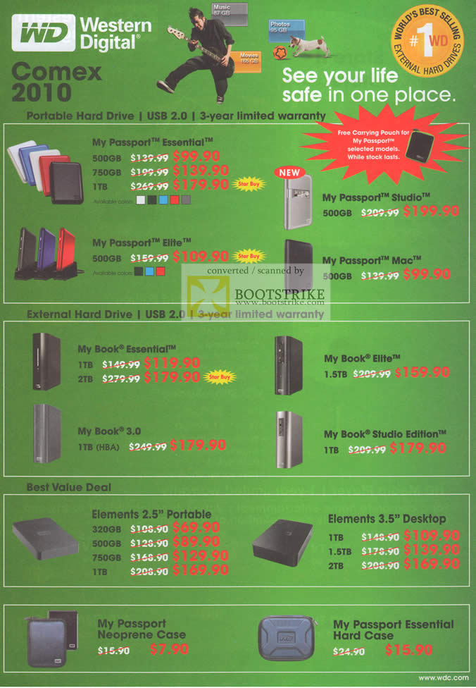 Comex 2010 price list image brochure of Western Digital WD External Storage WD My Passport Essential Elite Studio Mac Book Elements Neoprene Hard Case