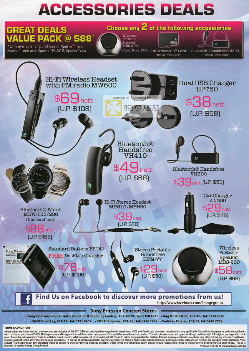 COMEX 2011 price list image brochure of 6Range Sony Ericsson Accessories MW600 Headset EP750 Charger Bluetooth Handsfree VH410 VH300 AN300 MH610 MH650 MBW 150 200 HPM-77 MBS-200 Wireless Speaker