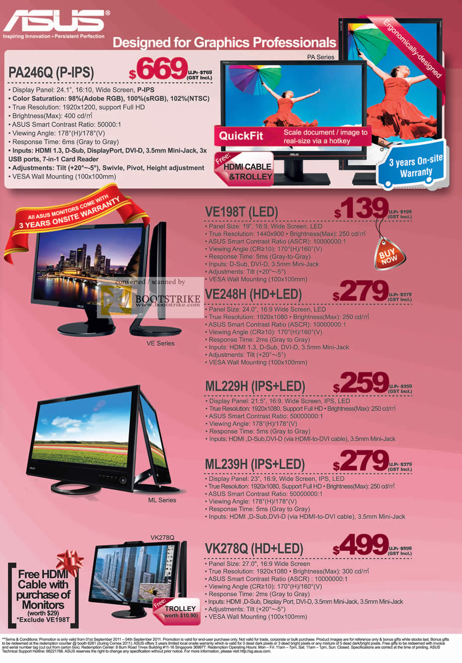 COMEX 2011 price list image brochure of ASUS Monitors IPS LED PA246Q VE198T VE248H ML229H ML239H VK278Q