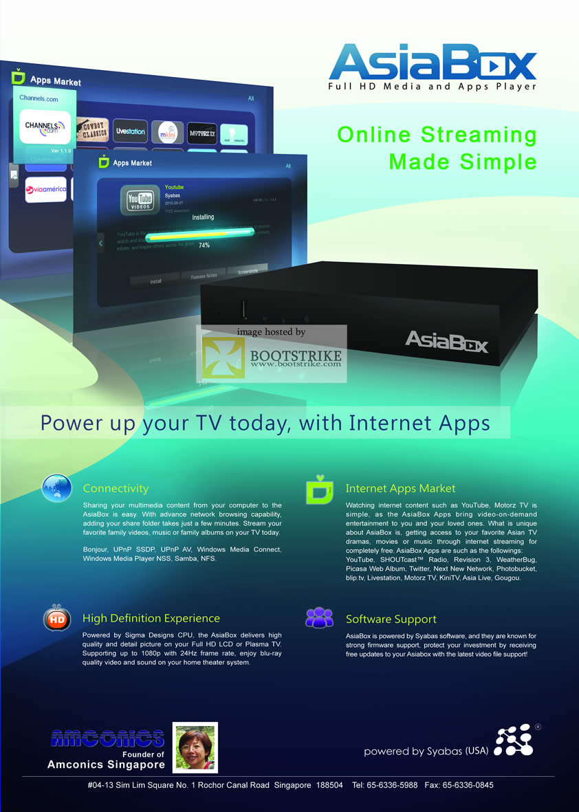 COMEX 2011 price list image brochure of Amconics AsiaBox Media Player Features Internet Apps