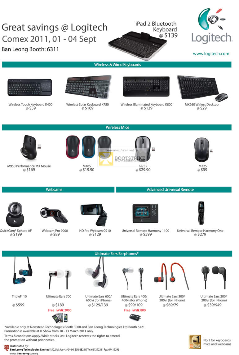 COMEX 2011 price list image brochure of Ban Leong Logitech Ultimate Ears Earphones Keyboard Mouse Webcam Universal Remote Wireless K400 Solar K750 K800 Desktop M950 MX M185 M235 M325 QuickCam TripleFi