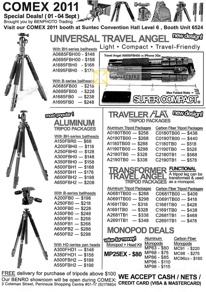 COMEX 2011 price list image brochure of Ben Photo Tripods Universal Travel Angel Ballheads Aluminum Tripod Flat Transformer Monopod MP25EX A200 A150 A350 A500