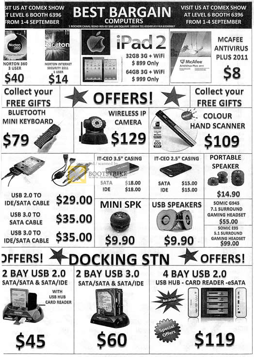 COMEX 2011 price list image brochure of Best Bargain Norton 360 Internet Security 2011 Office 2010 Mcafee Anti Virus Plus 2011 Bluetooth Mini Keyboard IPCam Scanner External Storage Internal Speakers Docking Station