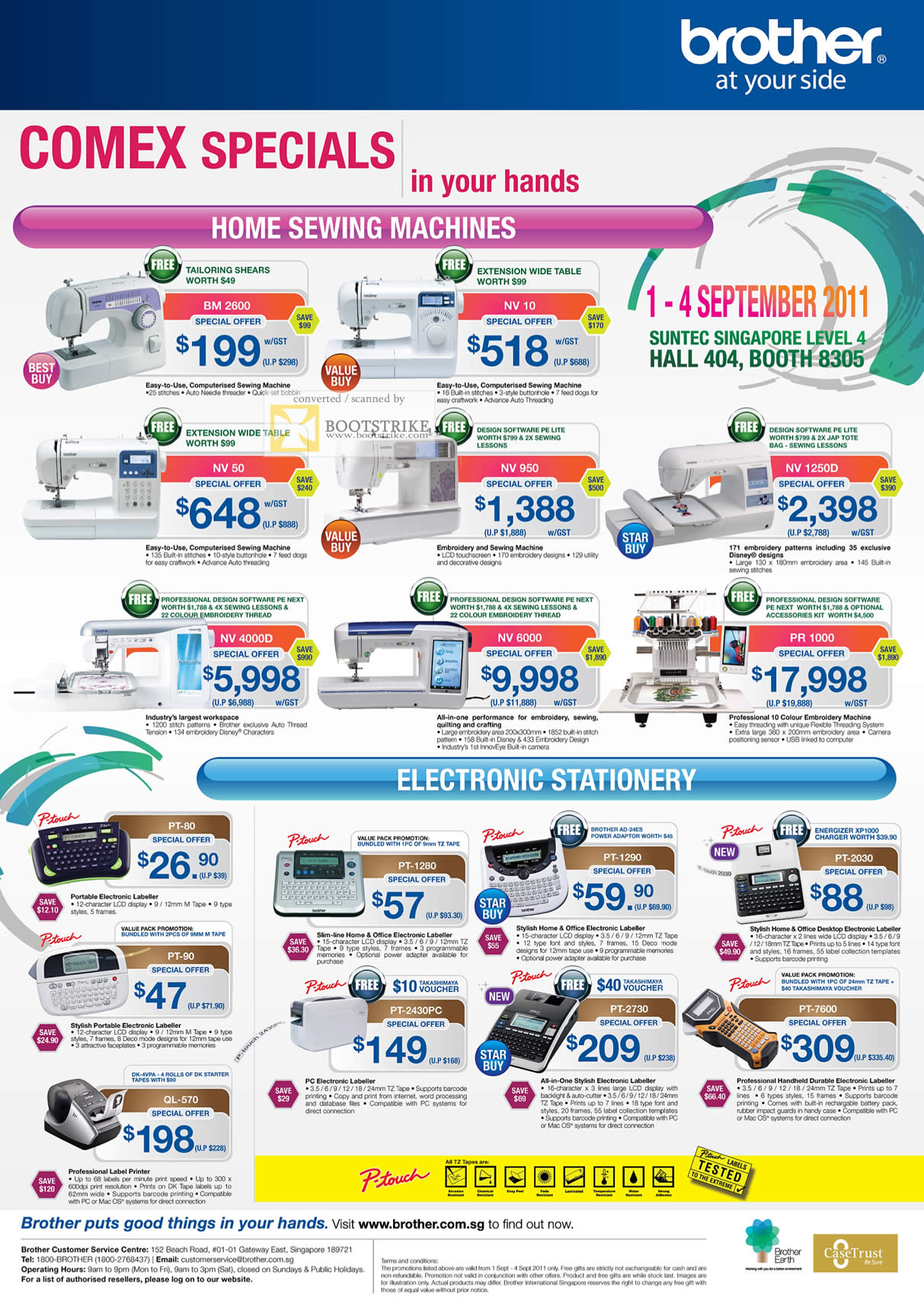 COMEX 2011 price list image brochure of Brother Sewing Machines BM 2600 NV 10 50 950 1250D 4000D 6000 PR 1000 Labeller P-Touch PT-80 90 QL-570 1280 2430PC 1290 3020 2730 7600