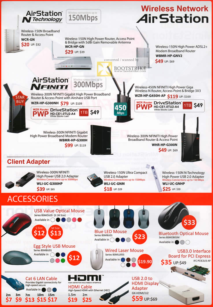 COMEX 2011 price list image brochure of Buffalo AirStation NFinity Router Airshare Wireless Adapter Mouse Egg Blue LED Laser Bluetooth USB3 LAN Cable HDMI Adapter USB