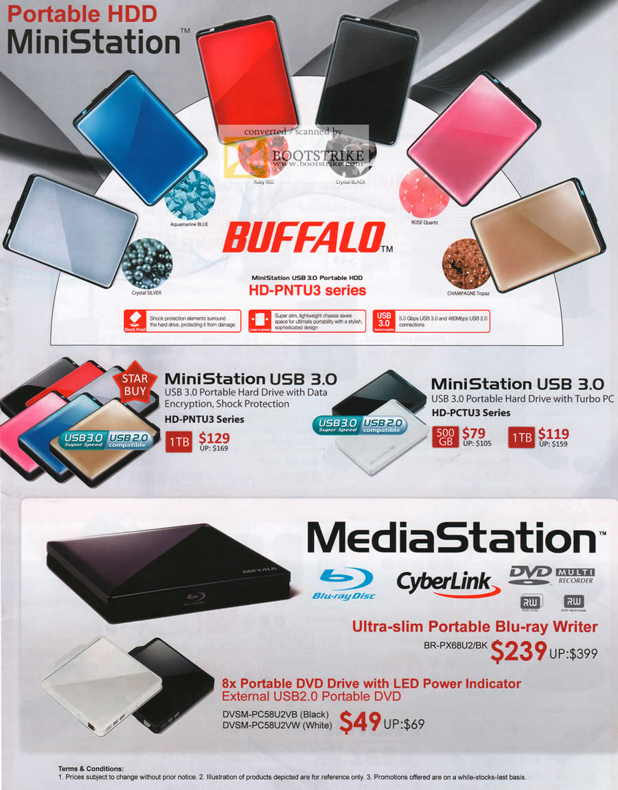 COMEX 2011 price list image brochure of Buffalo External Storage MiniStation USB3 Turbo PC MediaStation Blu-Ray Writer Portable DVD