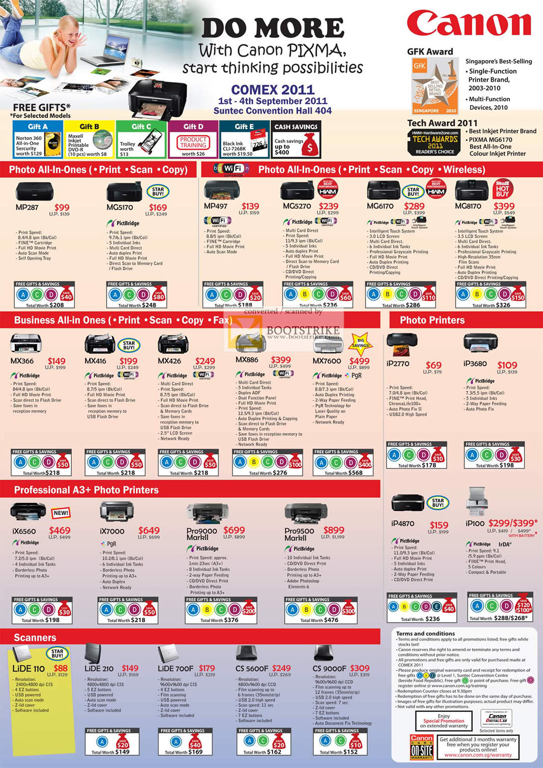 COMEX 2011 price list image brochure of Canon Printers Inkjet Pixma MP287 MG5170 MP497 MG5270 MG6170 MG8170 IP100 IX6560 IX7000 Pro9000 Mark II Pro9500 Scanners Lide 110 210 700F CS 5600F 900